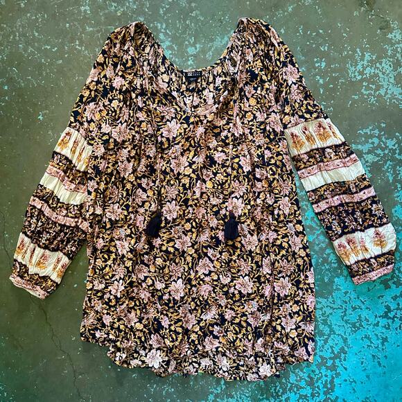 Billabong Gypset Boho Fall Brown, Pink Orange Black Floral Dress/Coverup, Size M - Picture 10 of 14